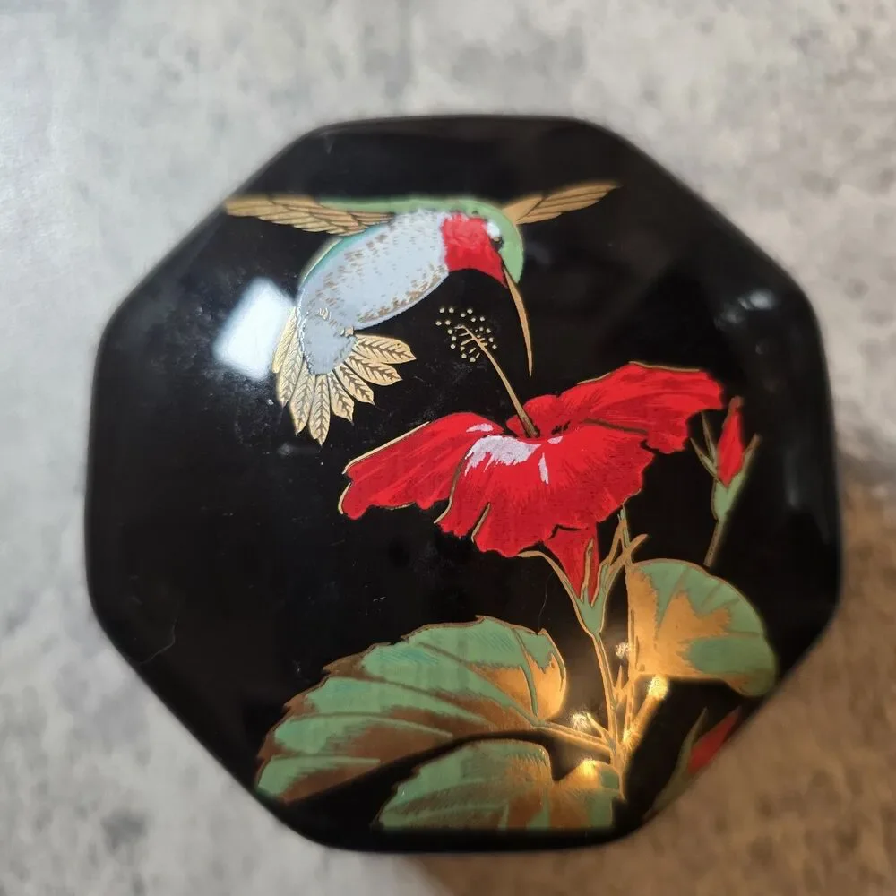 Vtg Otagiri Japan Trinket Box Handpainted Hummingbird Black Glazed Metallic Gold
